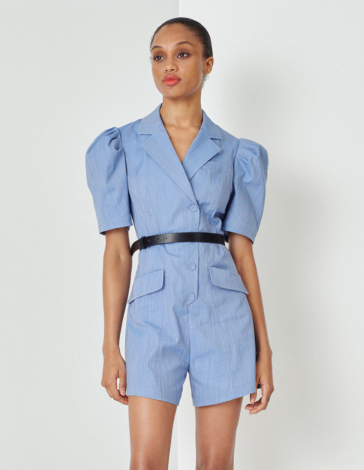 MARYLING Denim Blue Vintage Puff Sleeve Jumpsuit