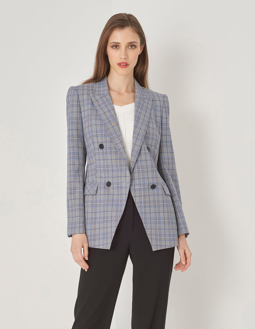 MARYLING Grey Check Gun Lapel Double Breasted Slim Blazer