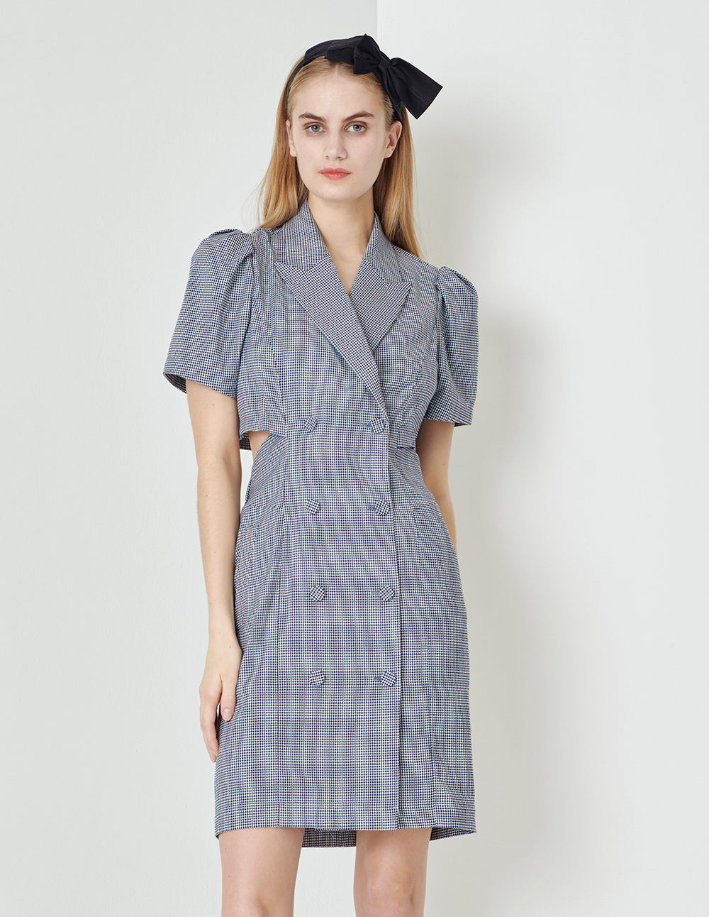 MARYLING Blue And White Checkered Back Hollow Bell-Shaped Sleeve Suit Dress