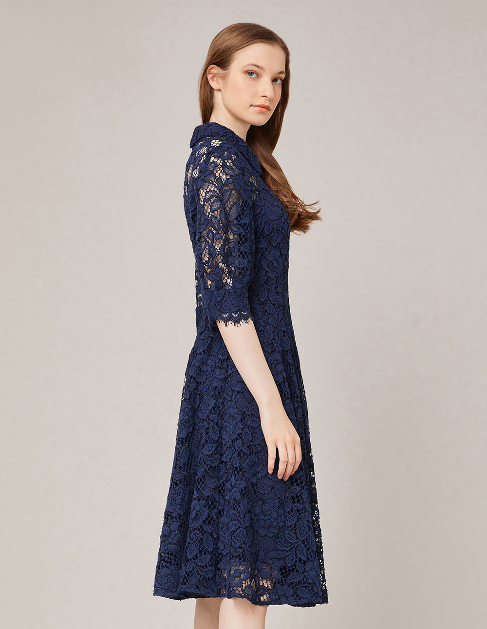 MARYLING Puff Sleeve Shirt Collar Lace Midi Dress