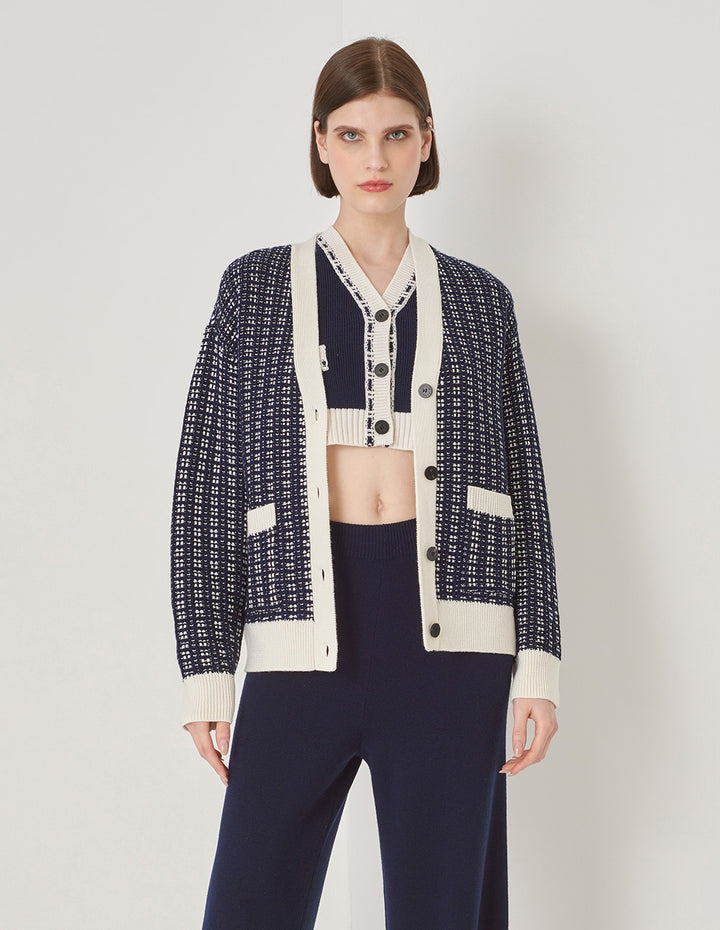 MARYLING Blue And White Contrast Knitted Cardigan