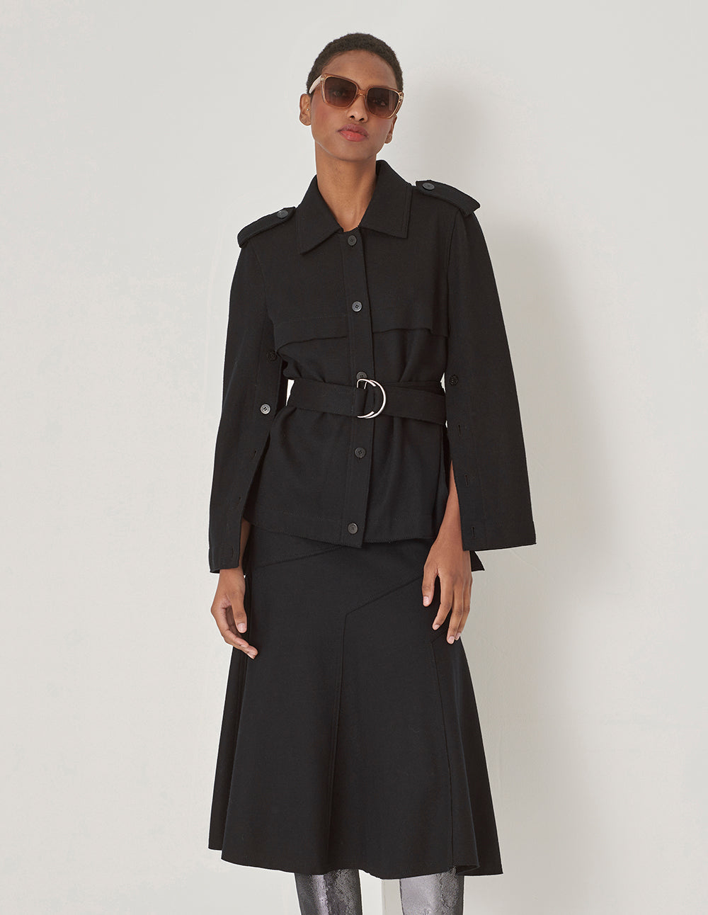 MARYLING Black Button-Sleeve Detail Belted Jacket