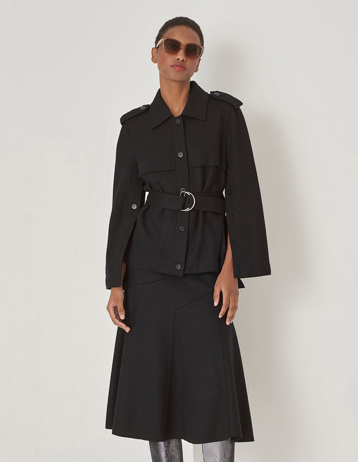 MARYLING Black Button-Sleeve Detail Belted Jacket