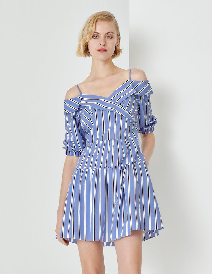 MARYLING Blue And White Striped Off-Shoulder Lapel Detail Striped Dress