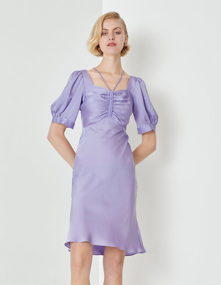 MARYLING Taro Purple Small Shoulder Strap Shirred Short-Sleeved Dress