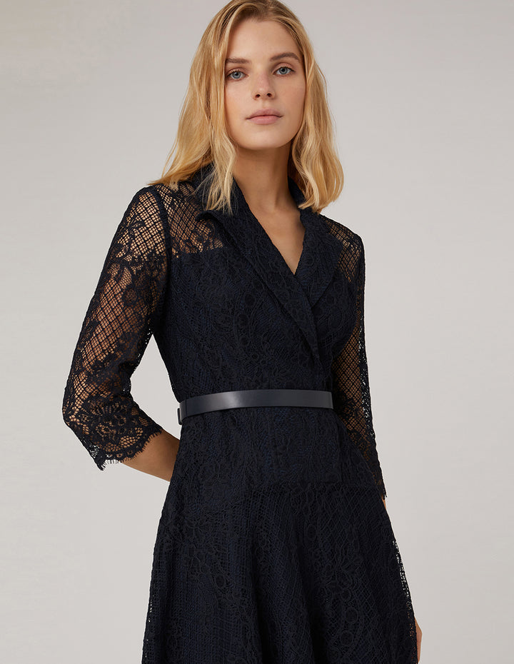 MARYLING Peak-Lapel Midi Lace Dress