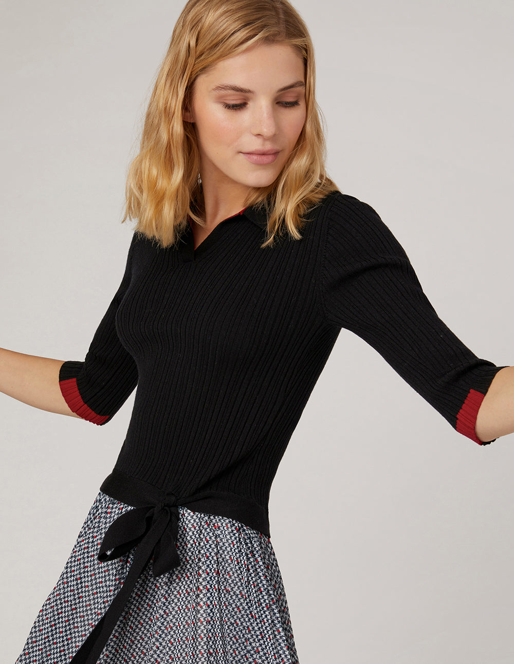 MARYLING Mid-Sleeve Tie Detail Knitted Top