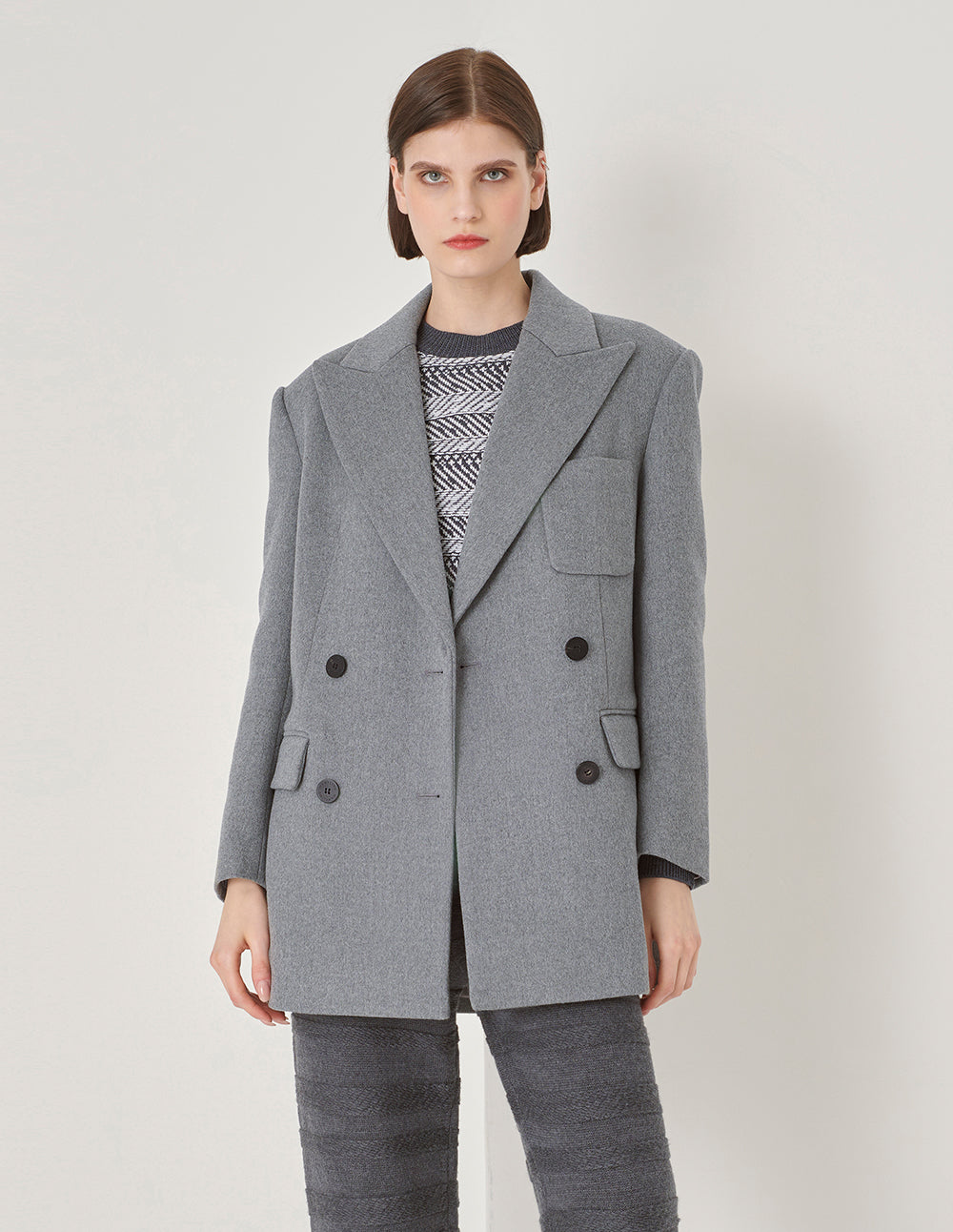 MARYLING Grey Suit-Style Double-Breasted Short Coat