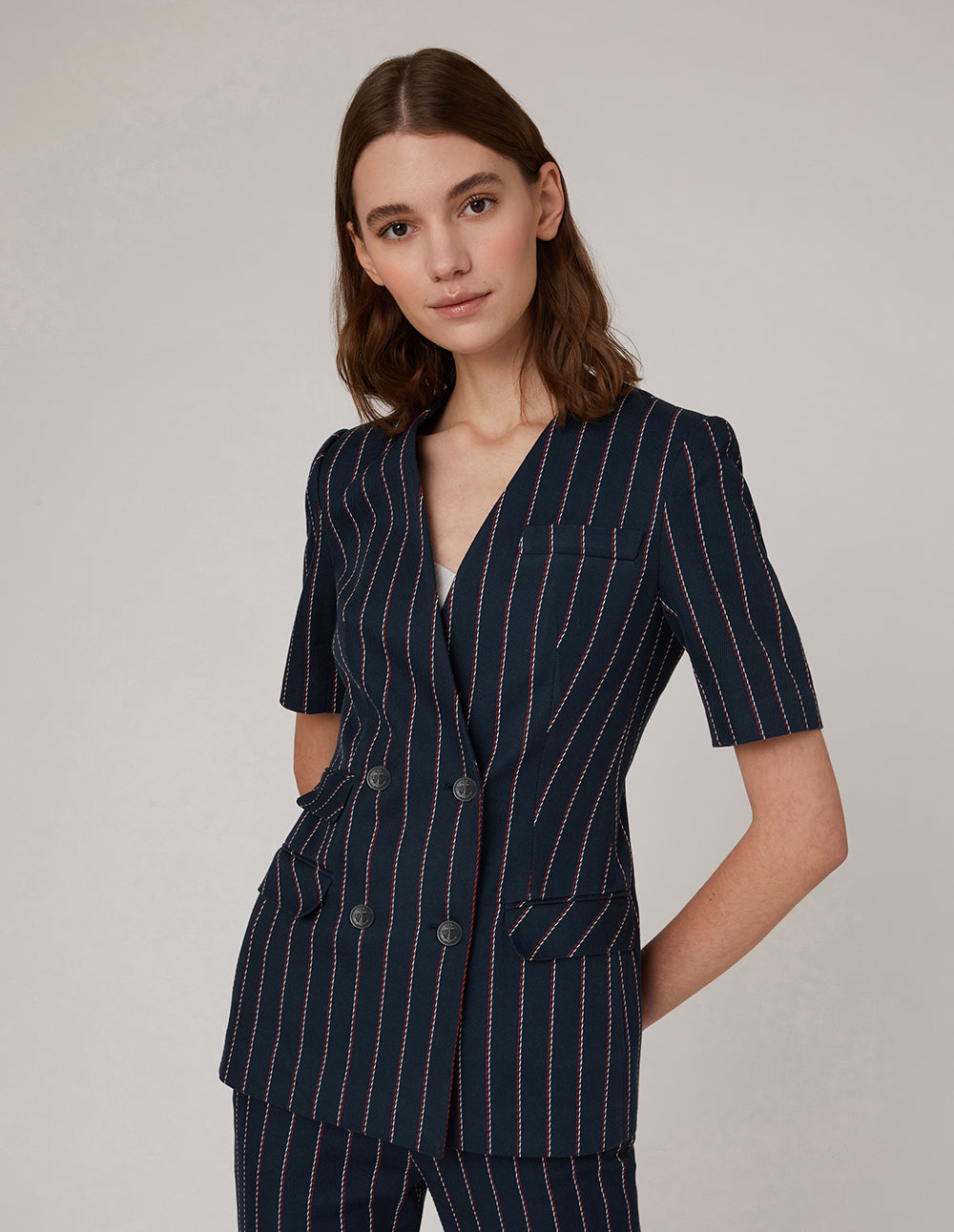 MARYLING Blue Striped Double Breasted Short Sleeve Jacket