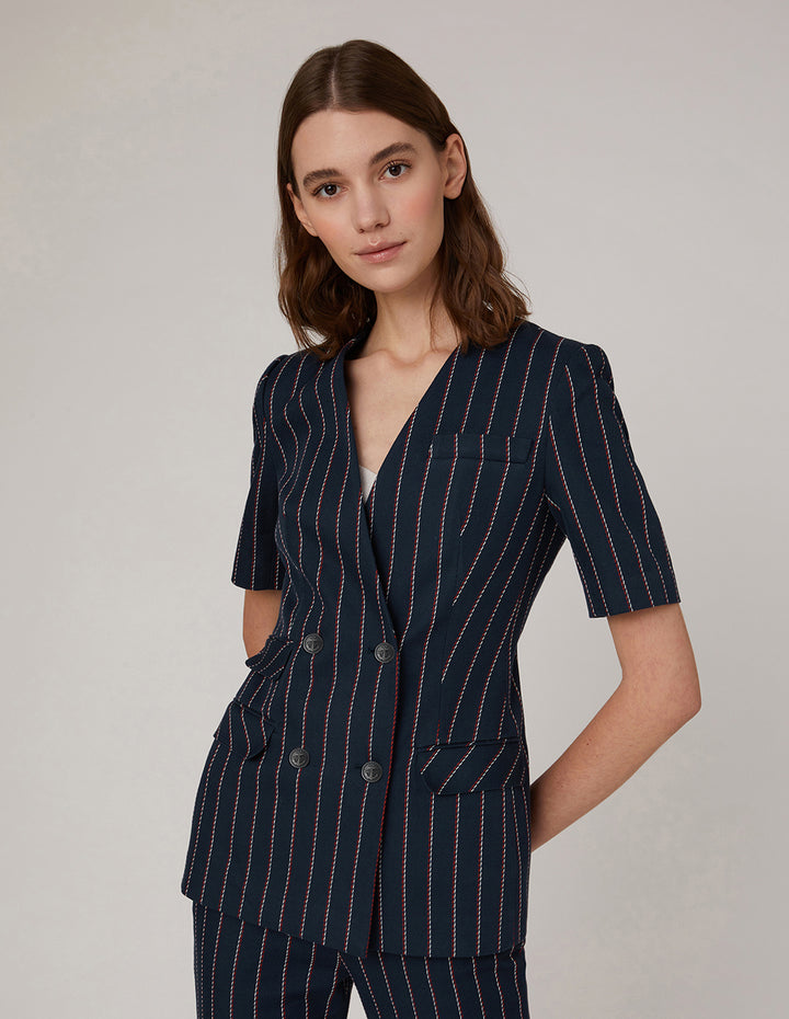 MARYLING Blue Striped Double Breasted Short Sleeve Jacket