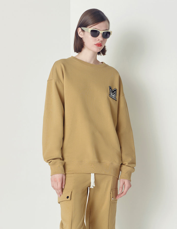Maryling Beige Loose Design M Badge Sweater