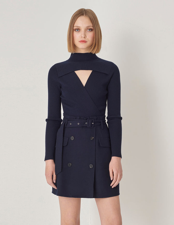 MARYLING Navy V-Shaped Hollow Knitted Double-Sided Woolen Dress