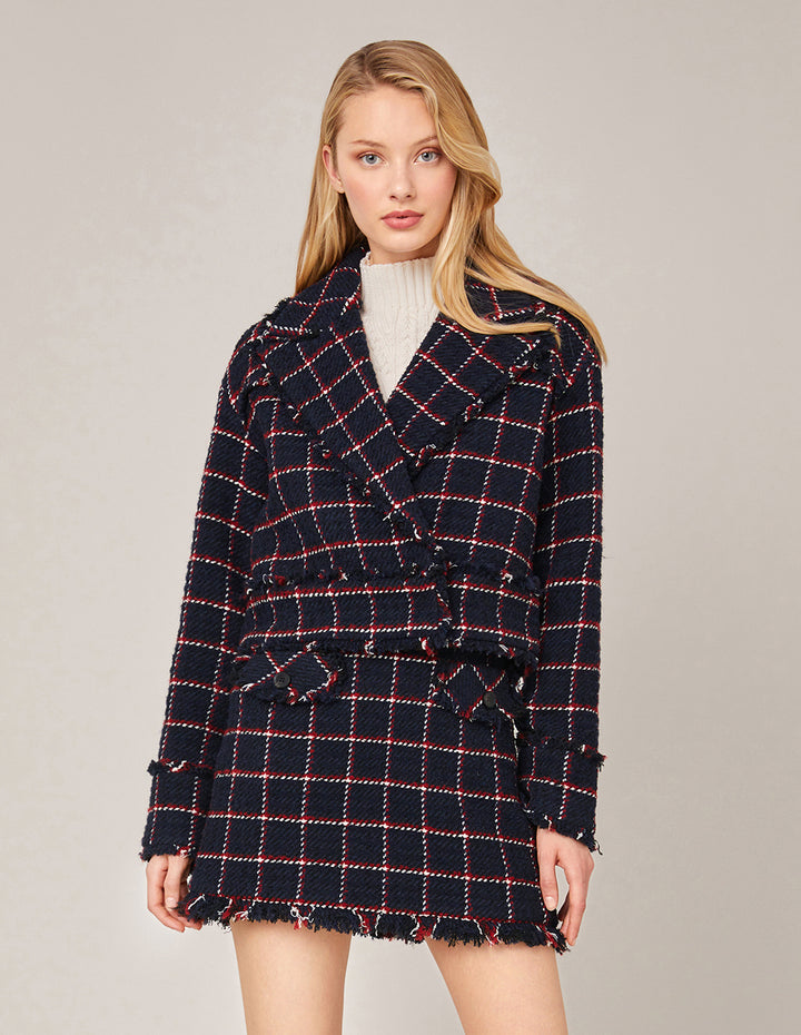 MARYLING Plaid Tweed Fringe Hem A-Line Mini Skirt