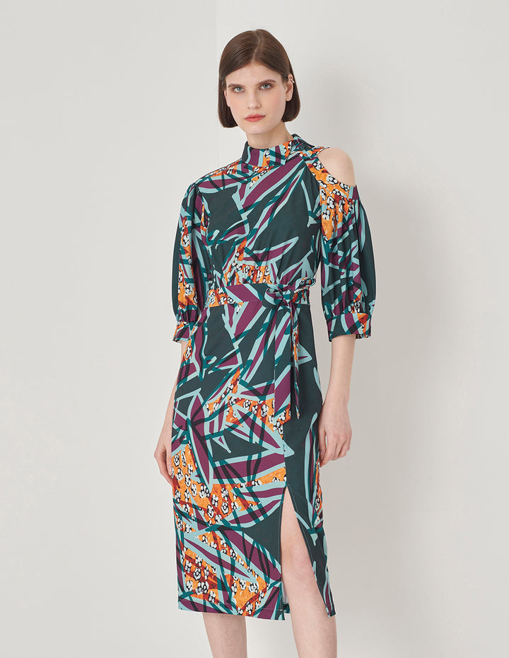 MARYLING Asymmetric Collar Cover Hip Straight Print Dress