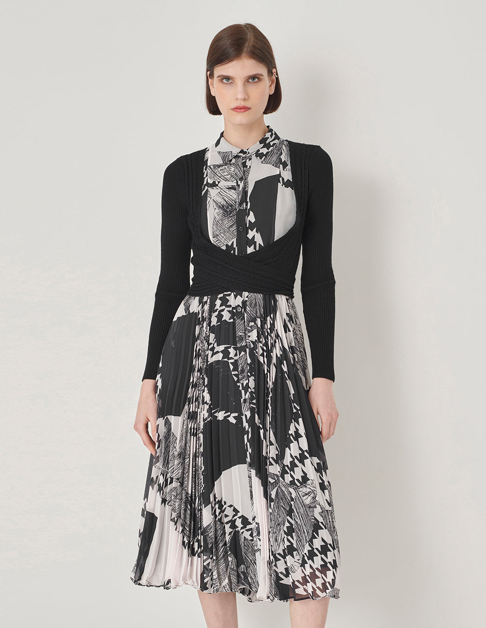 MARYLING Black And White Collage Print Shirt Dress