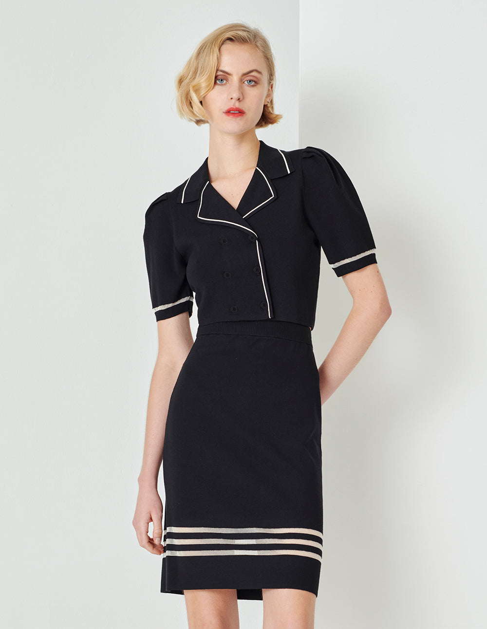 MARYLING Lapel Short Puff Sleeve Double-Breasted Knitted Top