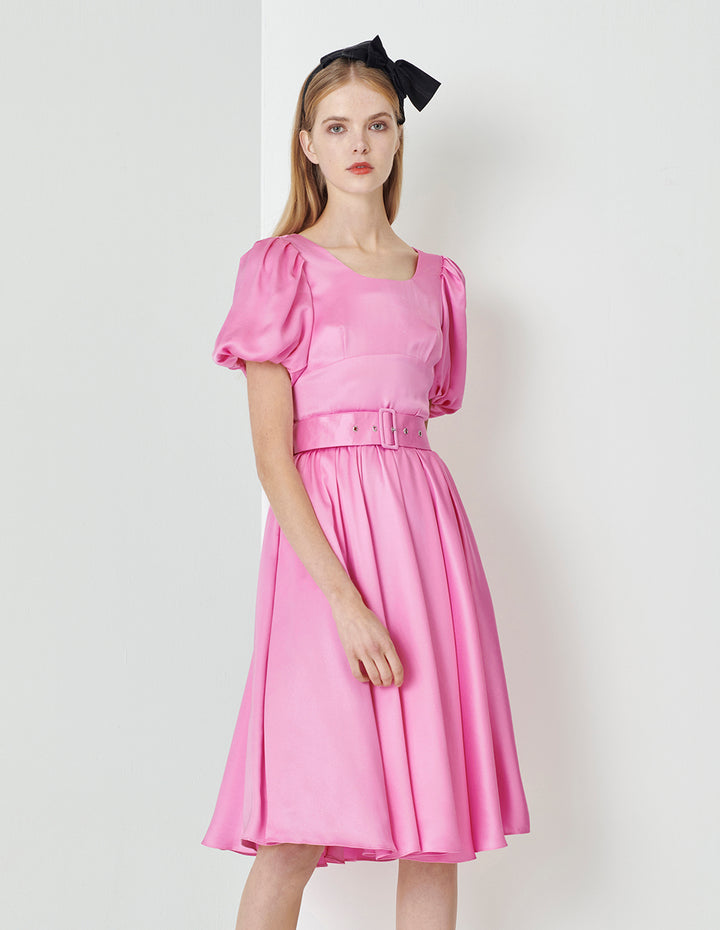 MARYLING Peach Pink Square Neck Bubble Sleeve Belted Dress