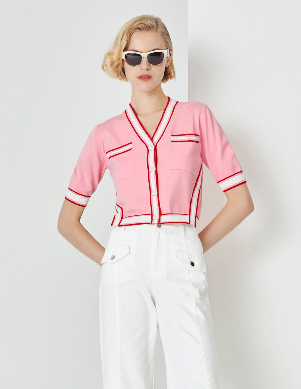 MARYLING Peach Pink Contrasting Rib-Knit Detail Cardigan