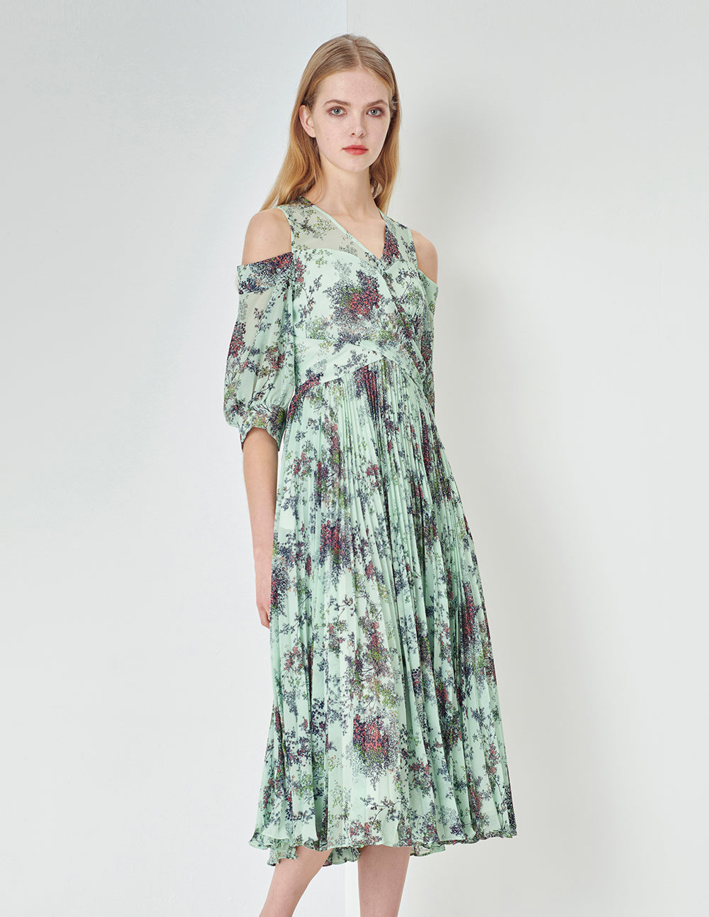 MARYLING Light Green Summer Jungle V-Neck Crossed Pleated Off-Shoulder Printed Dress