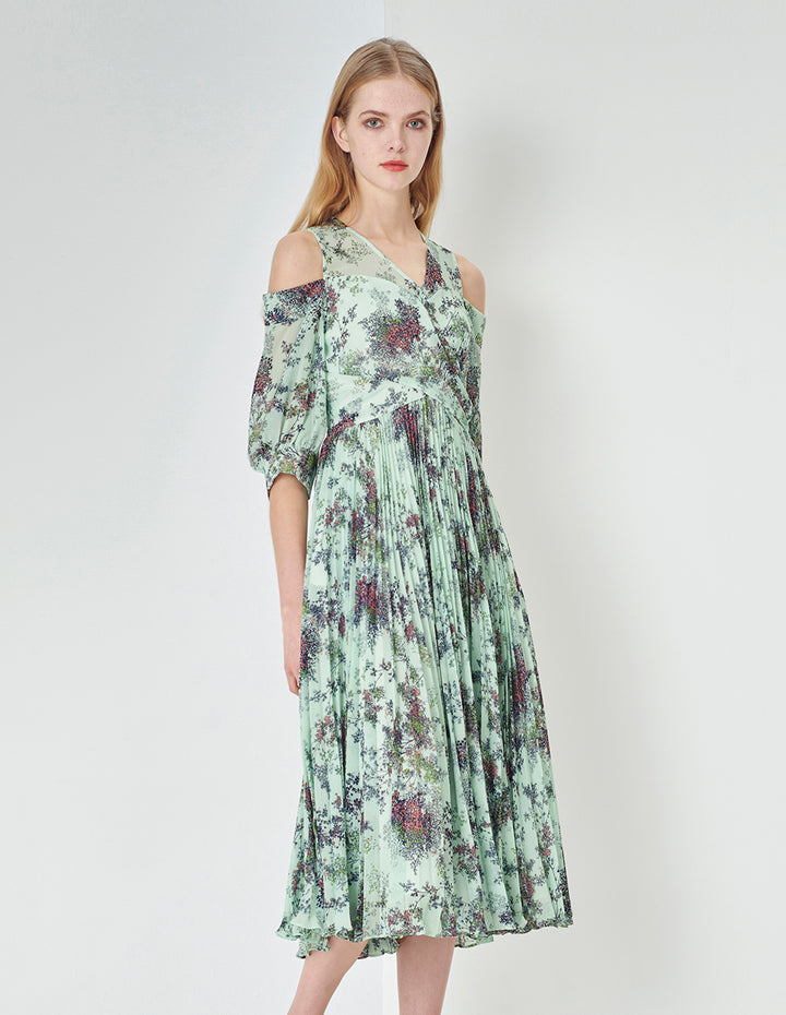 MARYLING Light Green Summer Jungle V-Neck Crossed Pleated Off-Shoulder Printed Dress