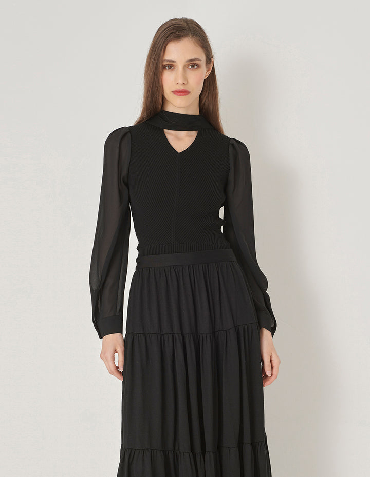 MARYLING Black Bow Neck Knitted Top