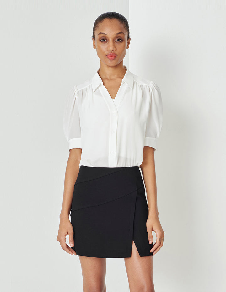 MARYLING White Shirt Collar A Hem Silk Top