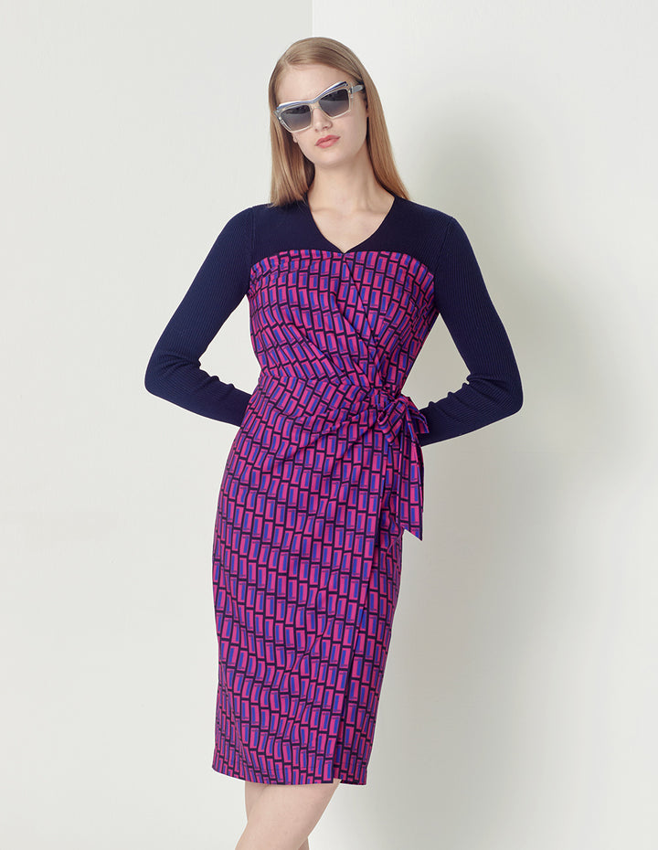 MARYLING blue and red plaid knitted V-neck slim fit dress