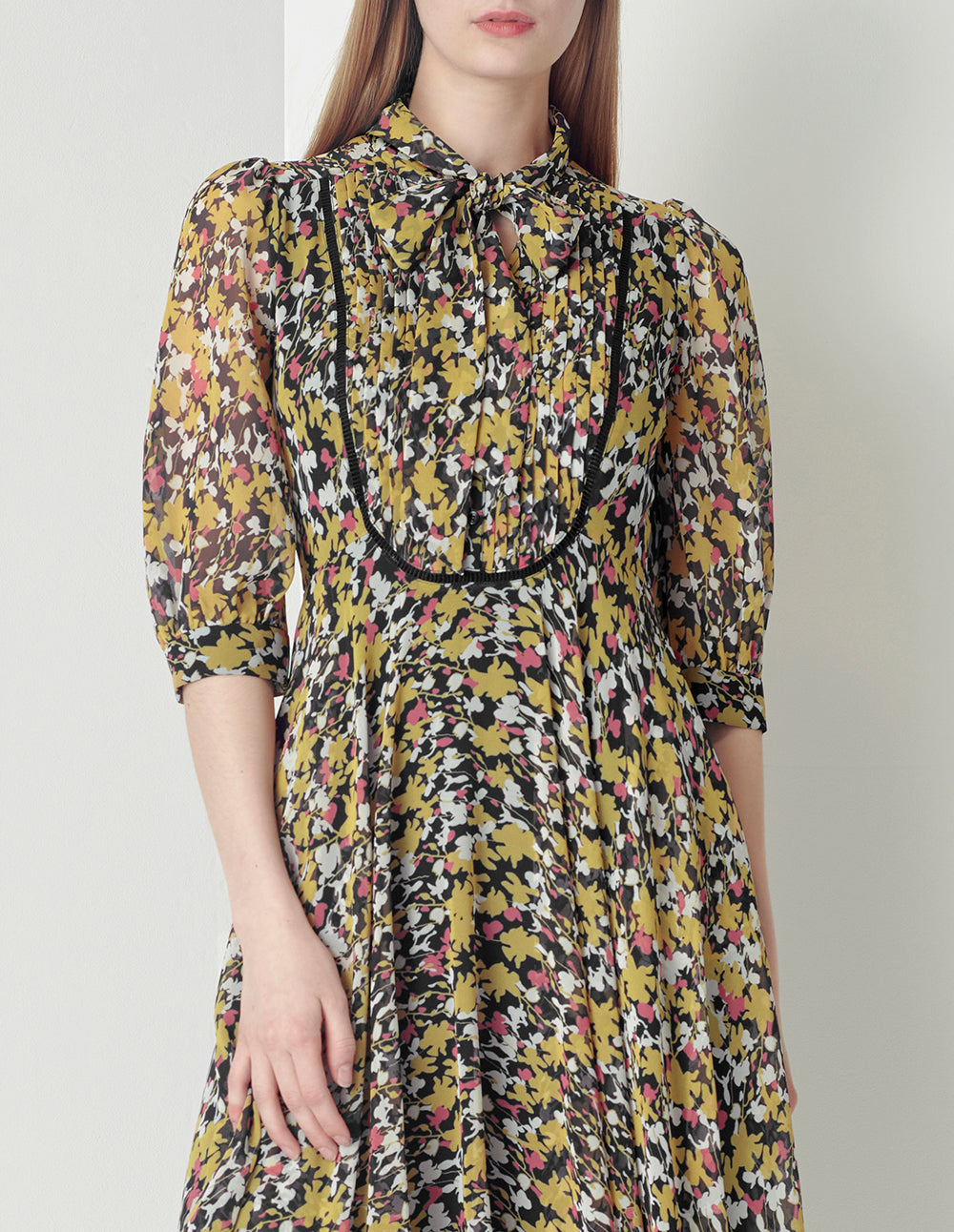 MARYLING V-Neck Tie Puffed Sleeves Print Dress