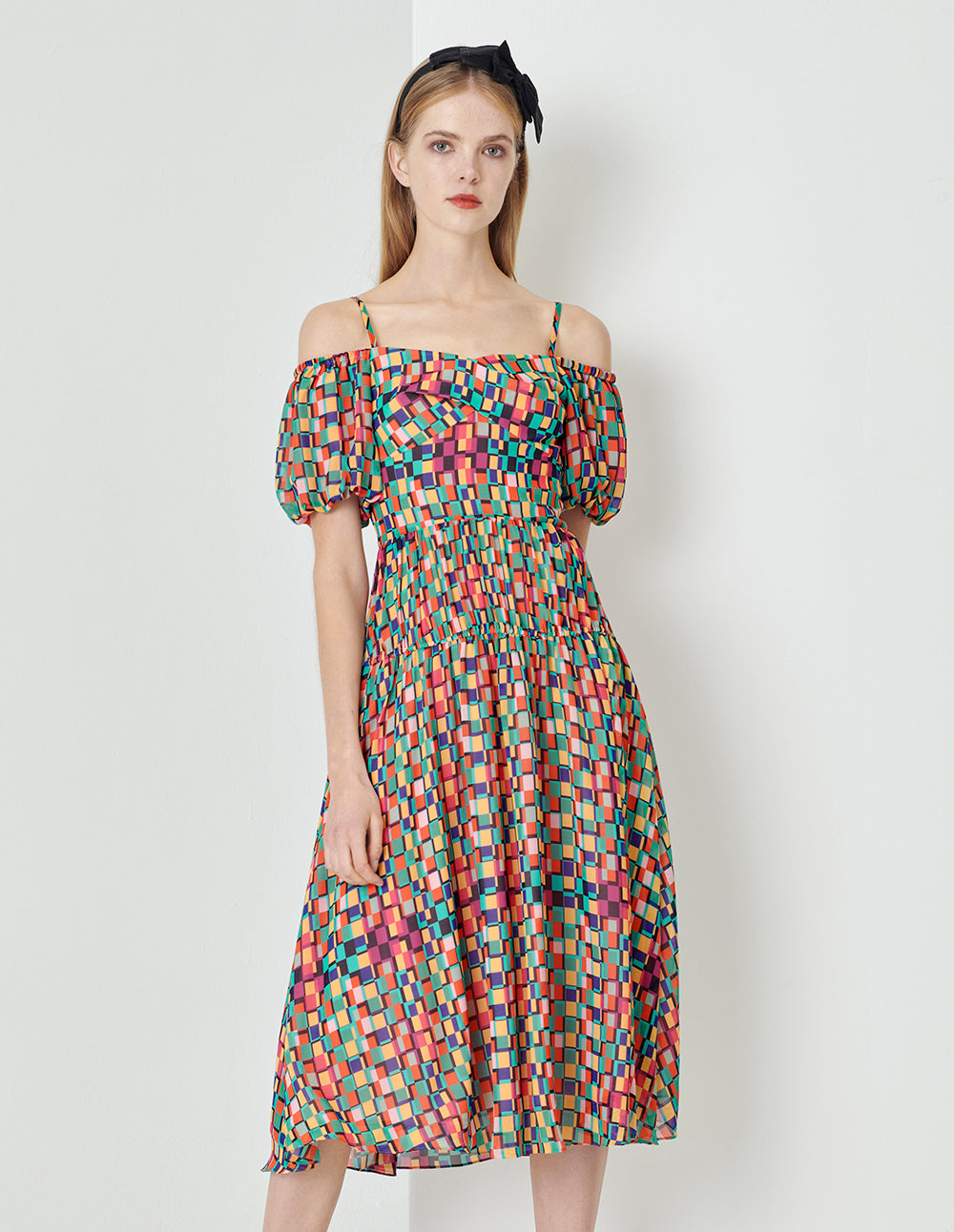 MARYLING Colourful Checkered Bubble Sleeve Printed Dress