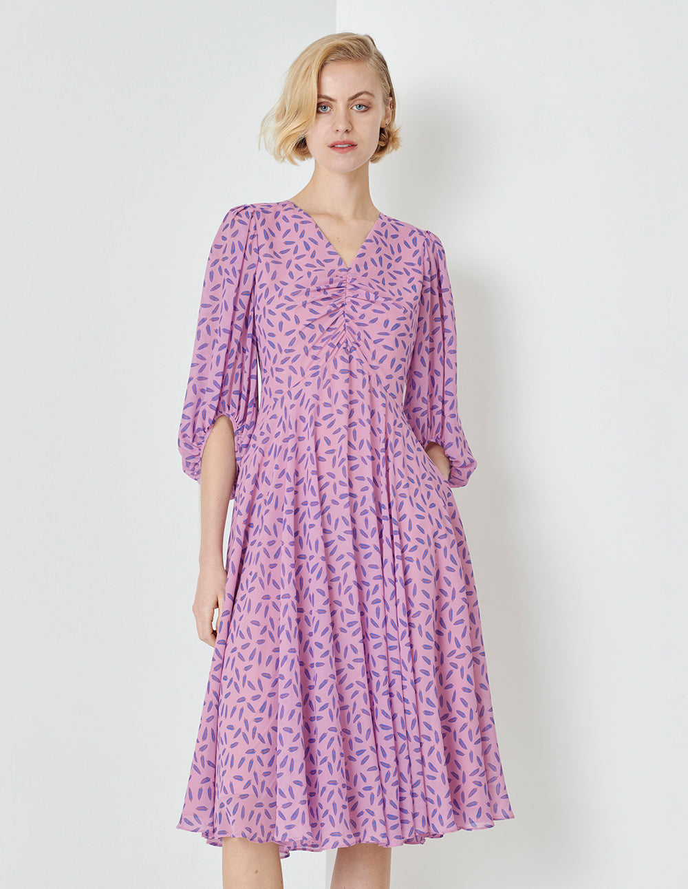 MARYLING Fantasy Pink Jungle Puff Sleeve V-Neck Dress