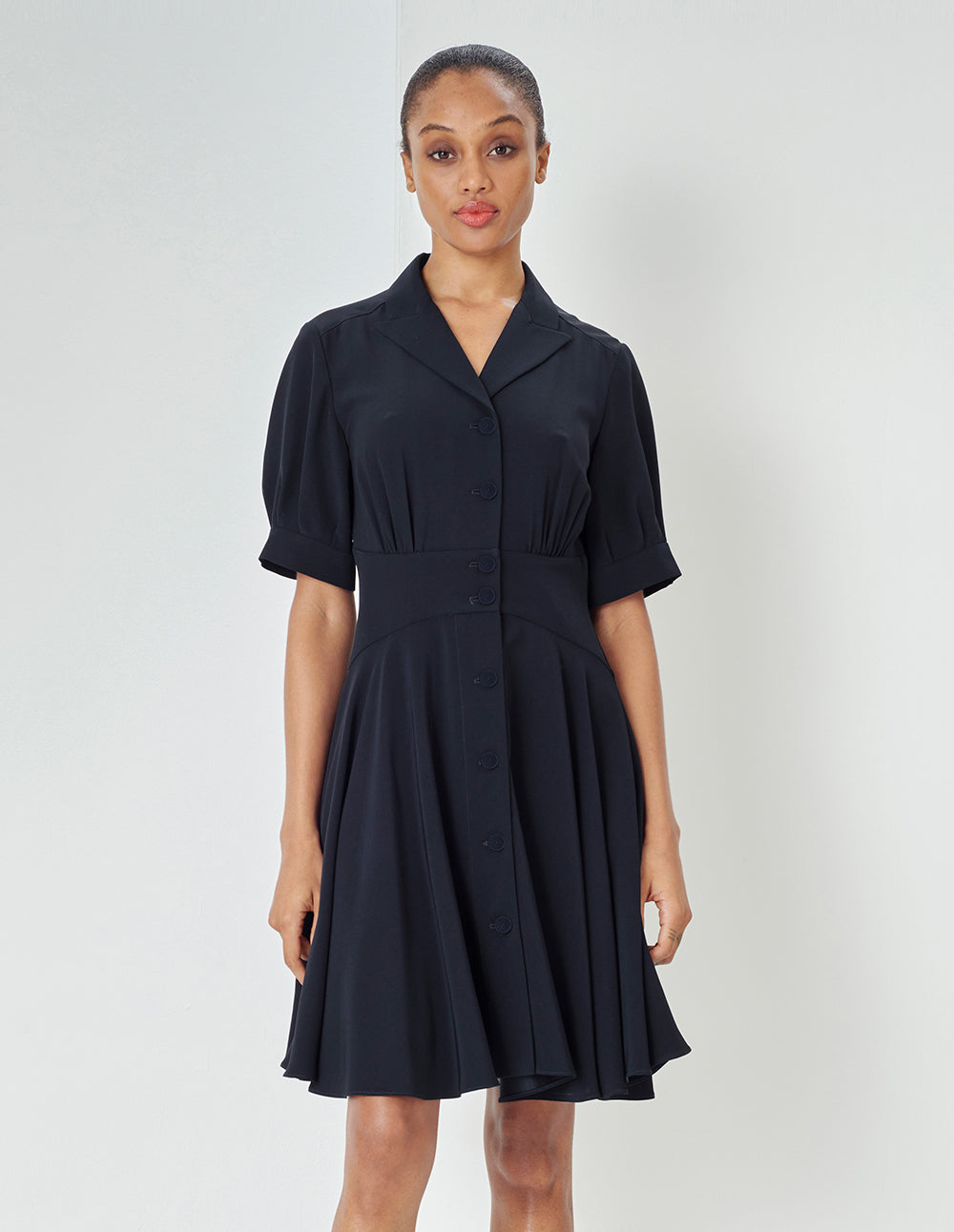 MARYLING Navy Pleated Dress With Blazer Collar