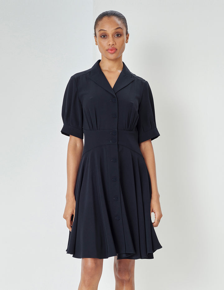 MARYLING Navy Pleated Dress With Blazer Collar