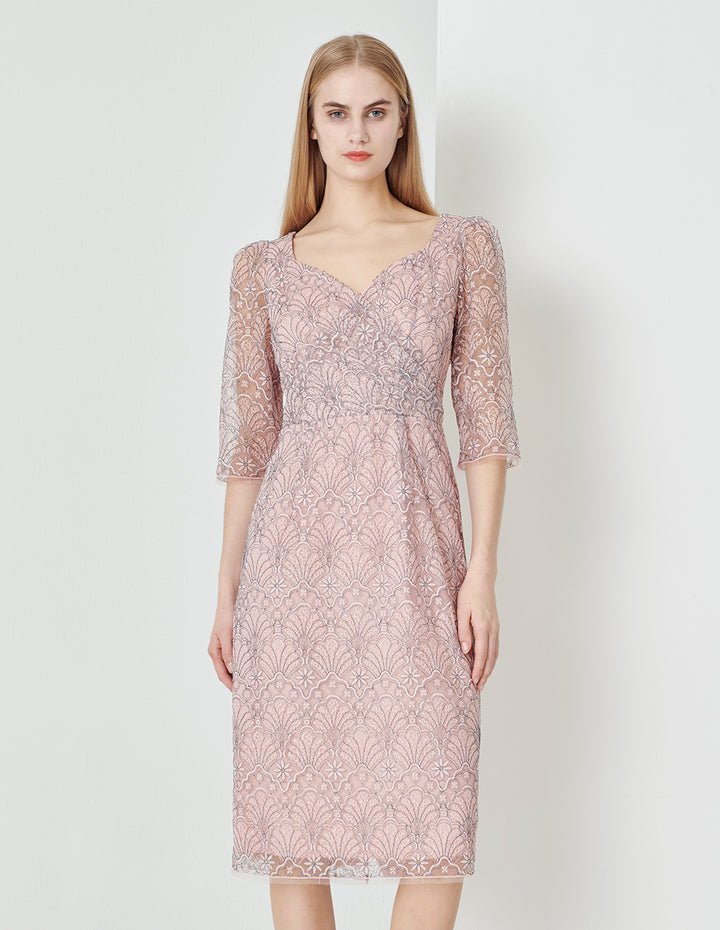 MARYLING Pink Heart-Neck Waist Hip Up Lace Dress