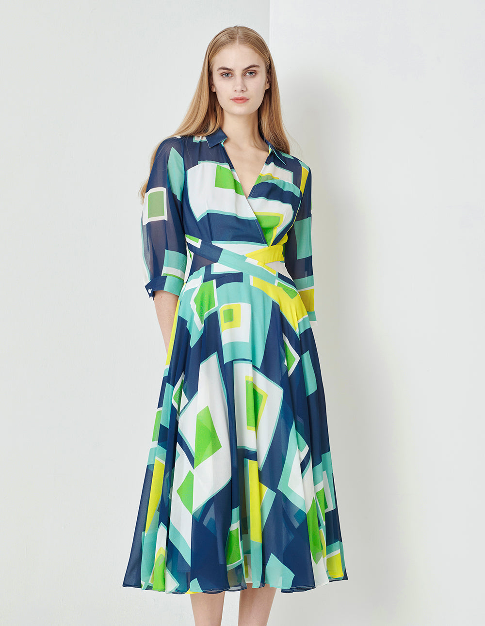 MARYLING Colourful Holiday Puzzle Art Plaid V-Neck Big Swing Georgette Dress