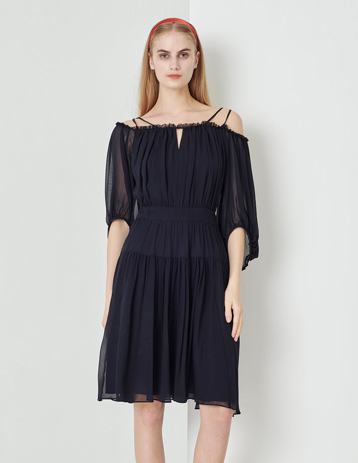 MARYLING Dark Blue One Shoulder Puff Sleeve Georgette Dress