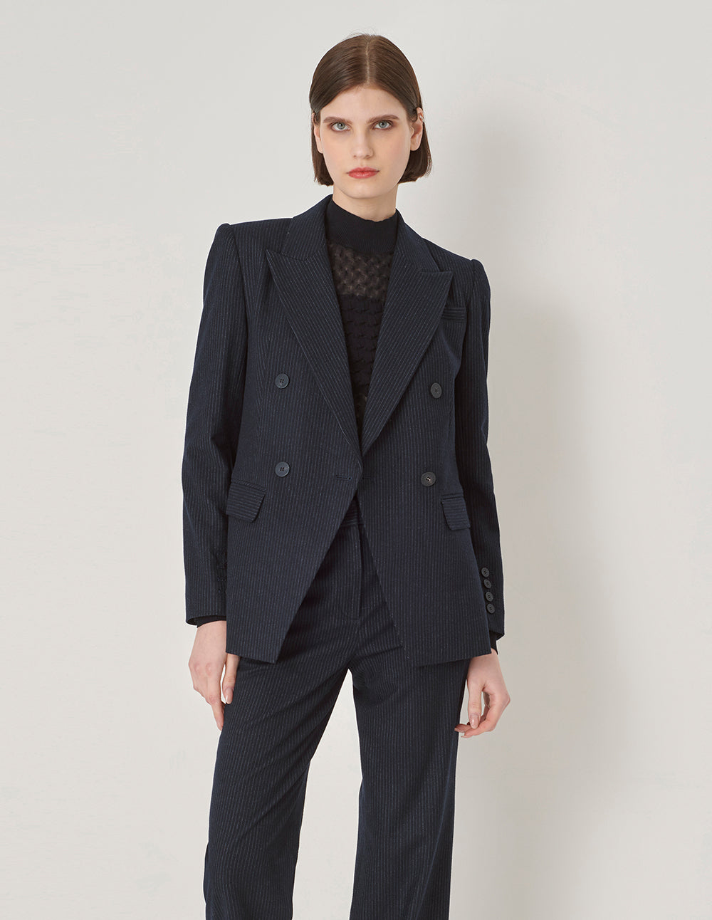 Maryling Navy Stripe Turn-Up Collar Double-Breasted Blazer