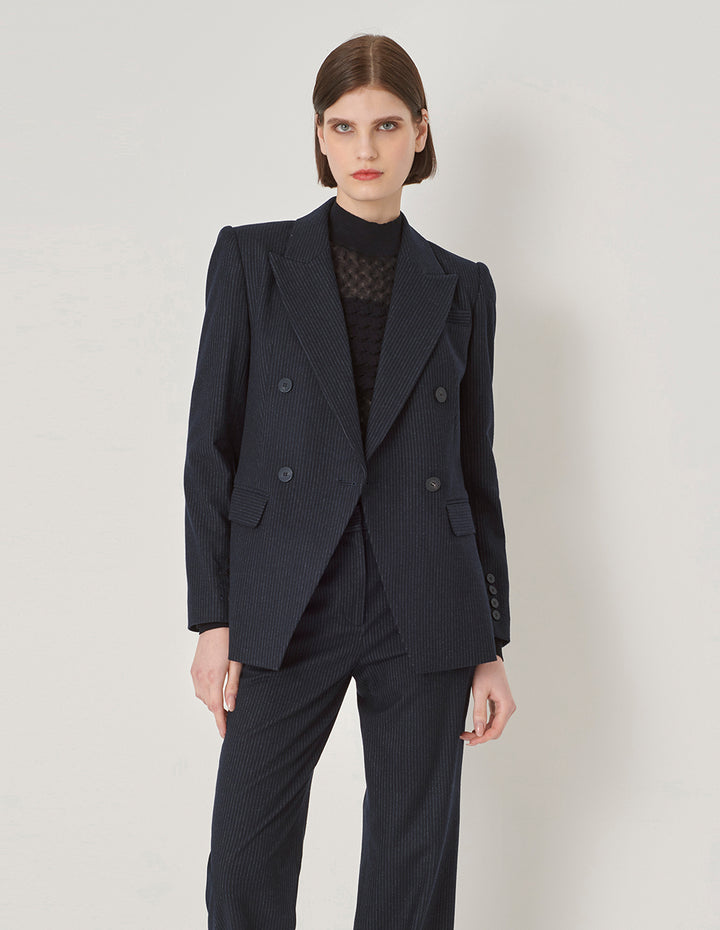 Maryling Navy Stripe Turn-Up Collar Double-Breasted Blazer