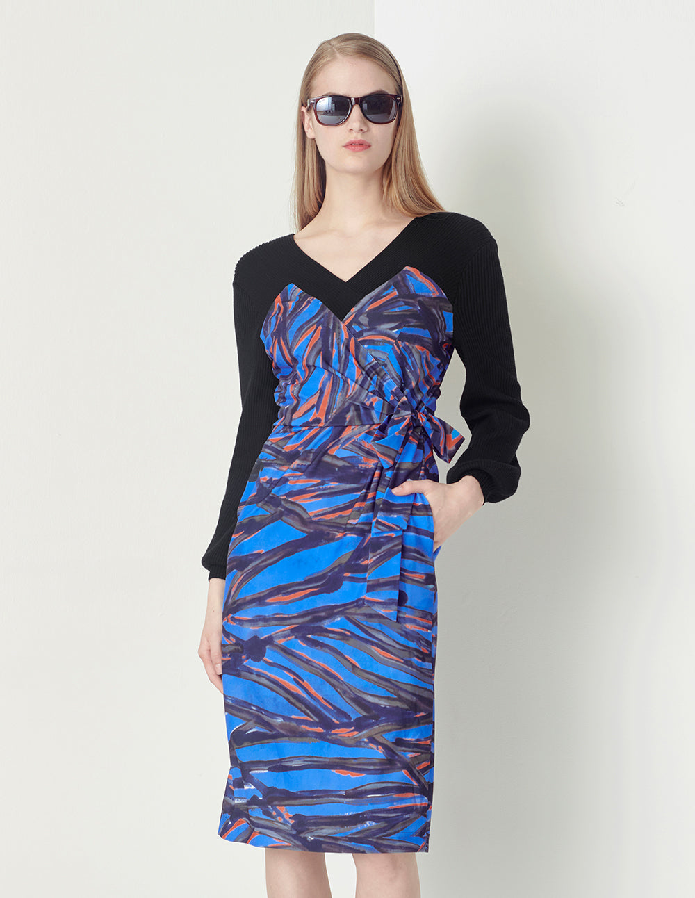 MARYLING Blue Elegant Print V-Neck Knit Dress