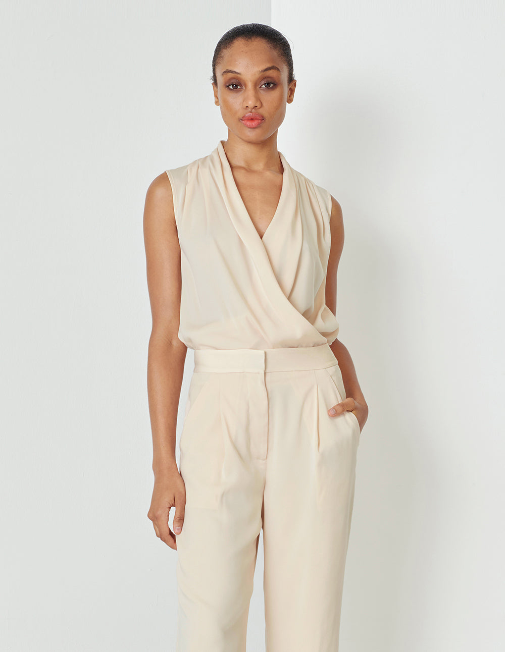 MARYLING Cream Yellow Cross V Neck Sleeveless Top