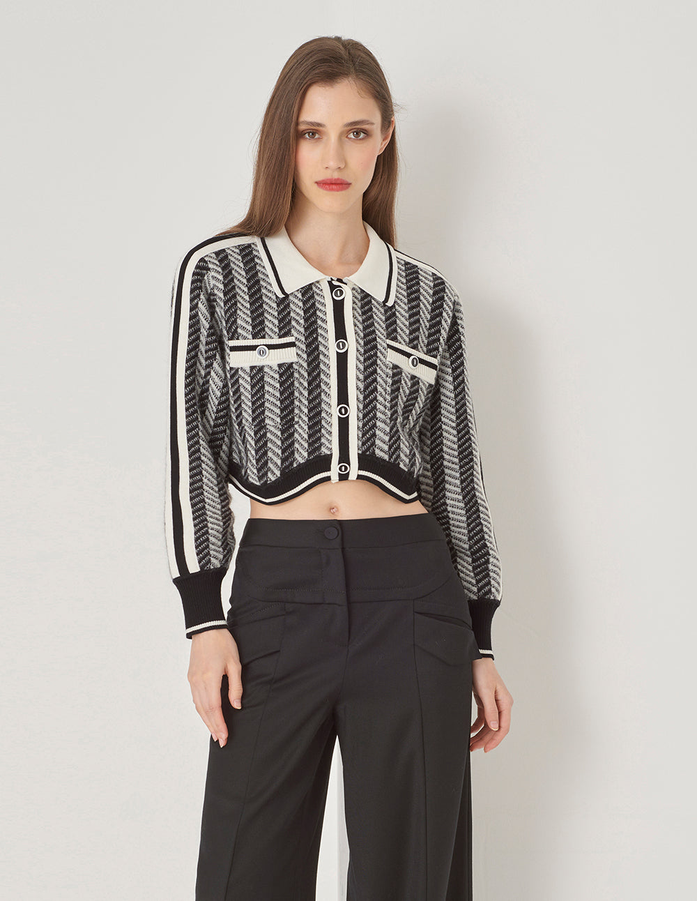 MARYLING Black Gray Small Lapel Knit Cardigan