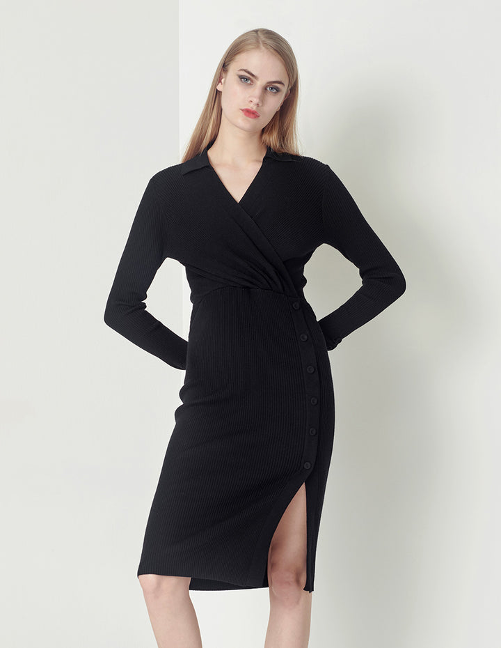 MARYLING black all-match slim V-neck knitted dress