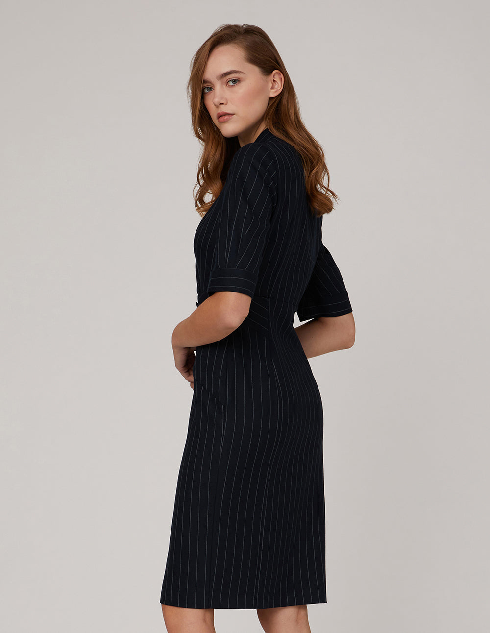 MARYLING Peak Lapel Three-Quarter Sleeve Stripe Dress