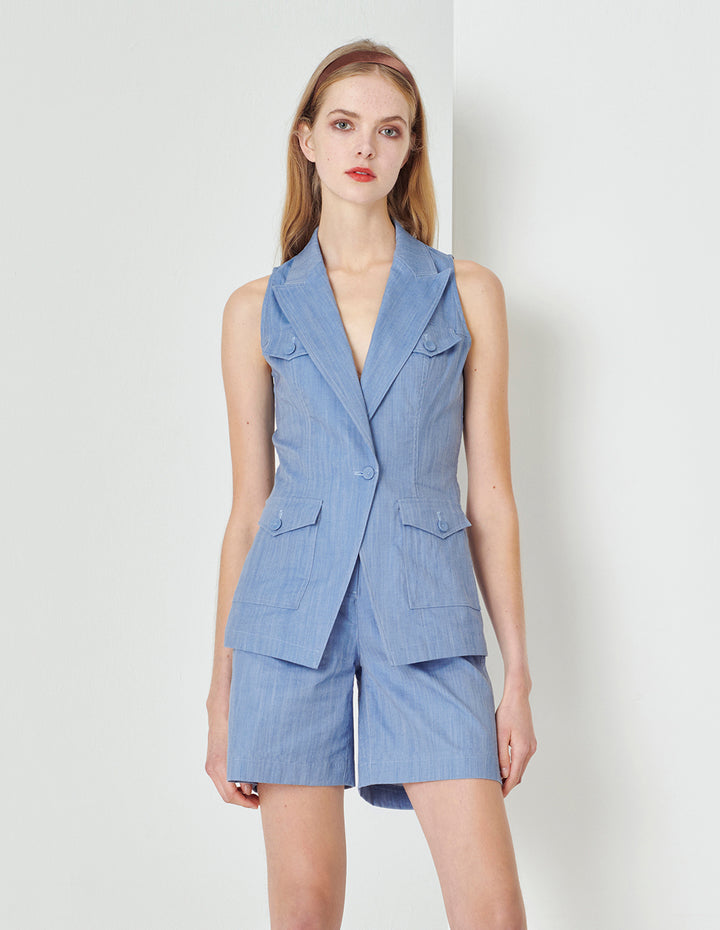 MARYLING Denim Blue Peak Collar Contrast Stitching Vest