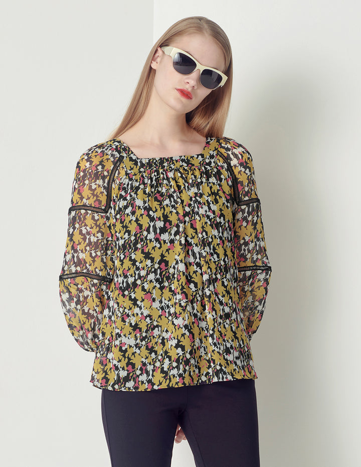 MARYLING Square Collar Puffed Sleeves Print Top