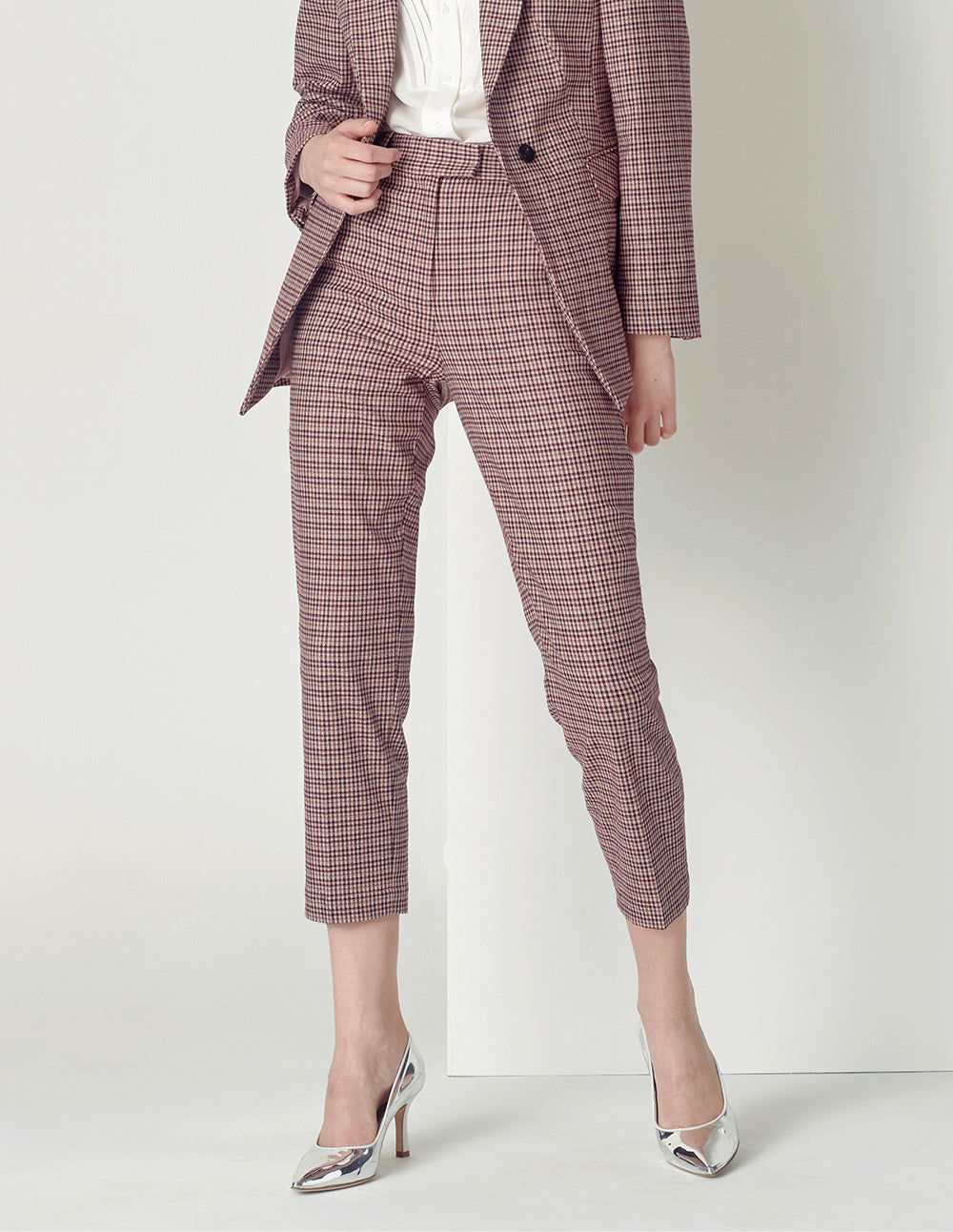 MARYLING Pink houndstooth ankle slim suit pants