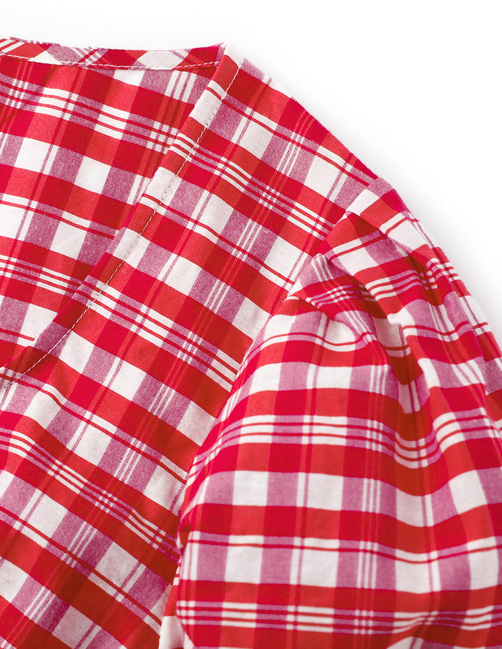 MARYLING Pink Plaid Square Neck Bubble Sleeve Plaid Top