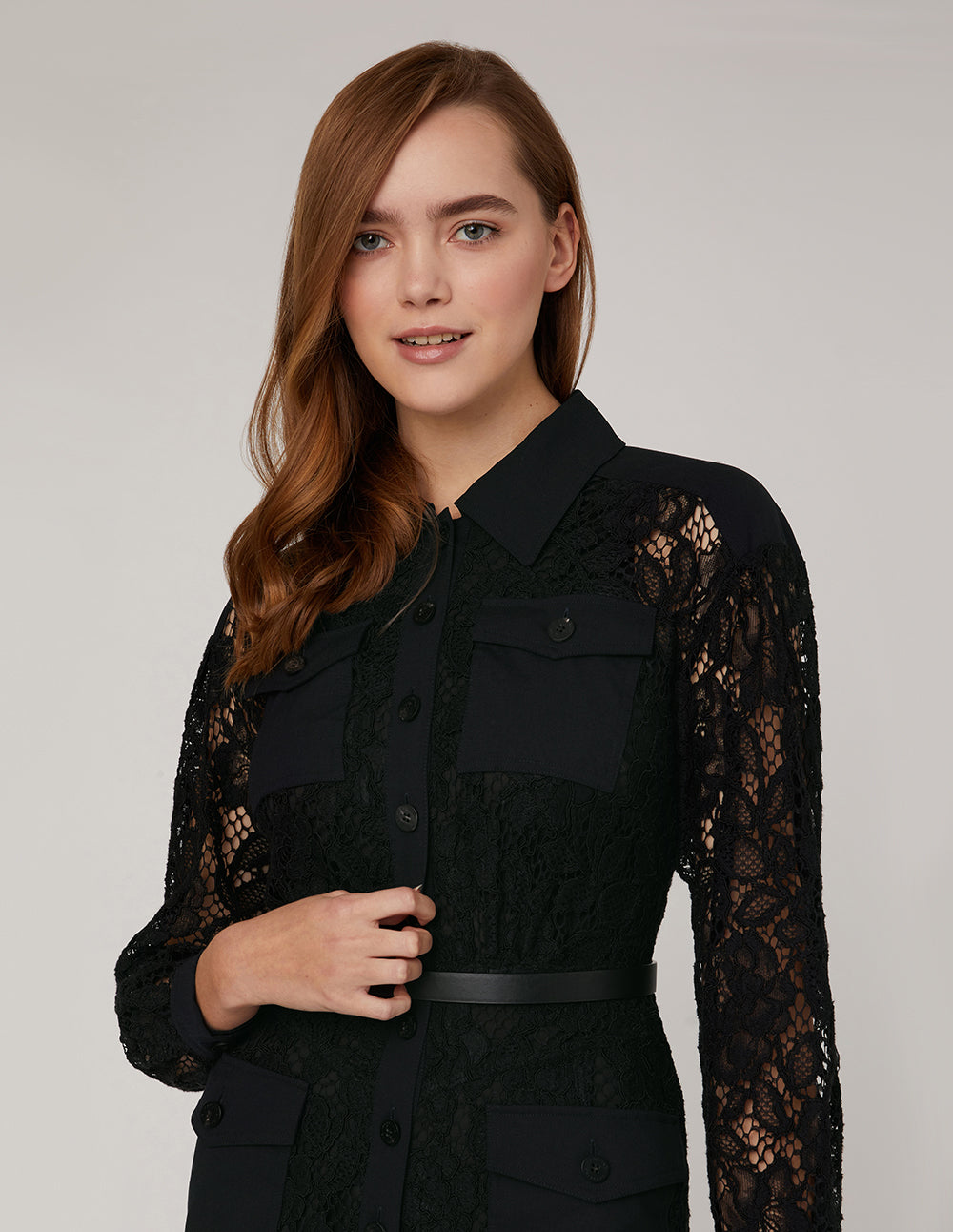 MARYLING Long Sleeve Lace Midi Shirt Dress