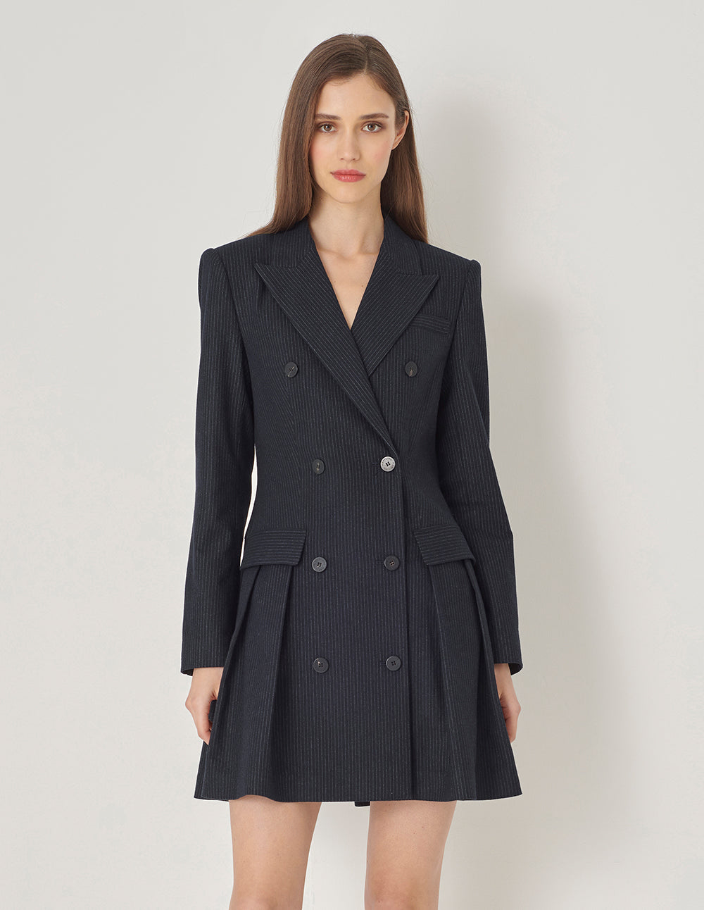 Maryling Navy Striped Double-Breasted Button-Down Dress With Pointed Collar