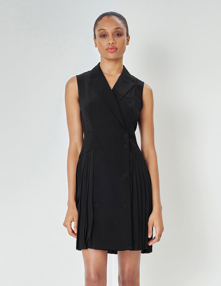 MARYLING Black Sleeveless Blazer Collar Pleated Dress