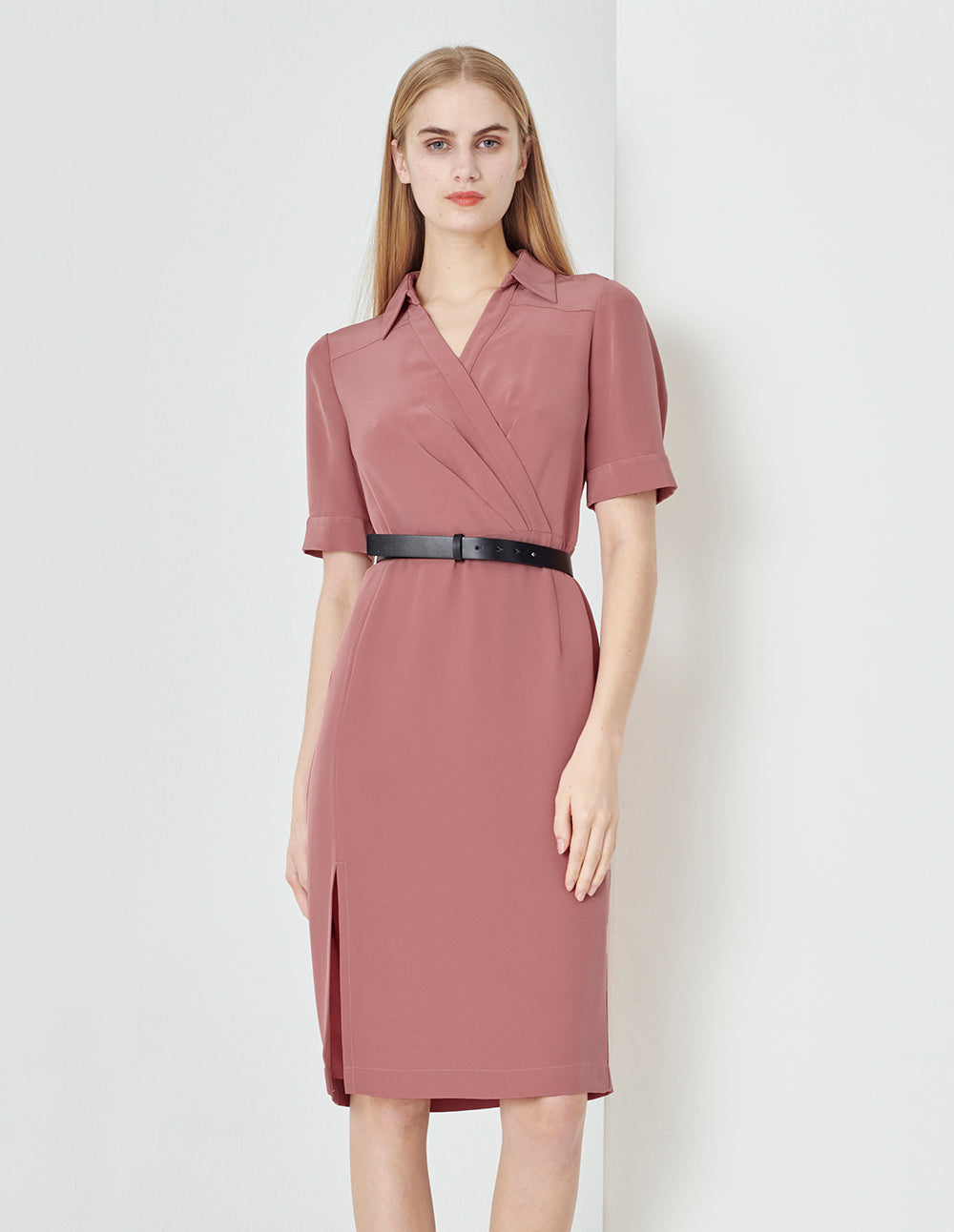 MARYLING Shirt Collar Pleated Straight Slit Dress